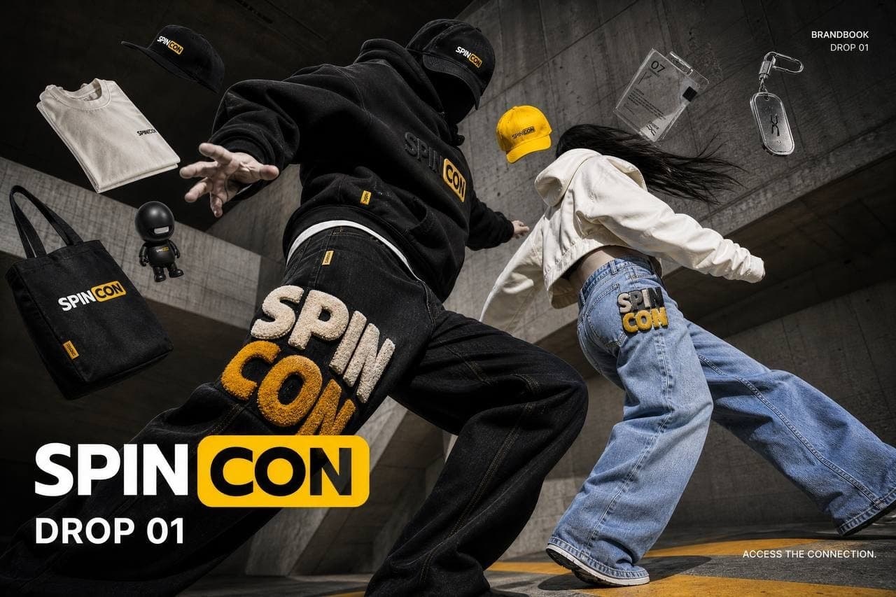Мерч SPINCON: худи, джинсы, кепки и сумка с логотипом, подпись Brandbook Drop 01